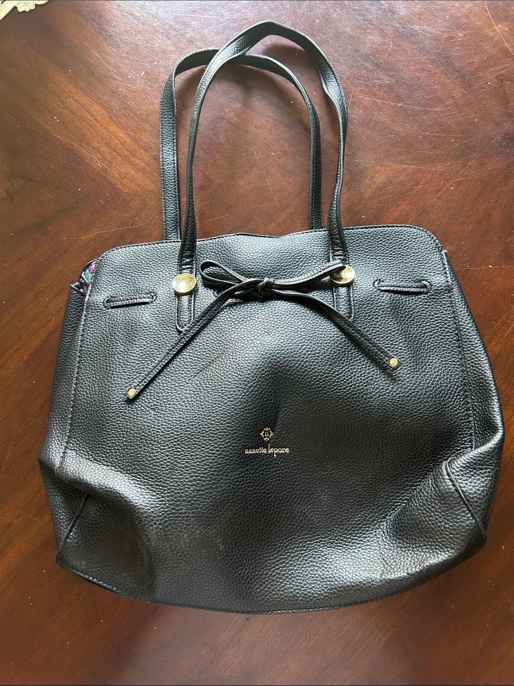 Nanette Lepore Black Pebbled Leather Tote with Bow Accent